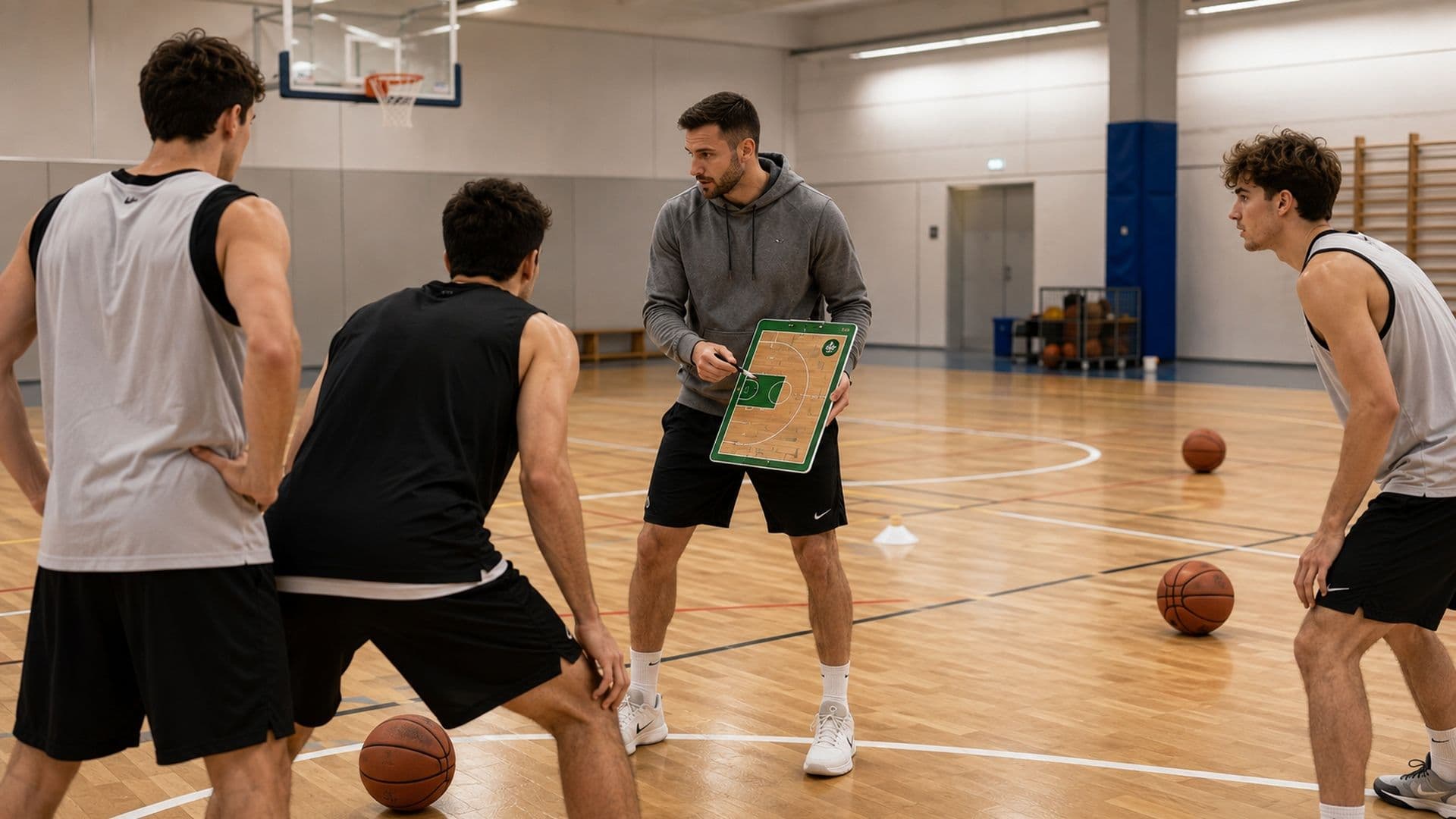 Ein Trainer zeigt drei Spielern eine Übung auf seiner personalisierten Taktiktafel, während die Bälle für die nächste Station bereitliegen.
