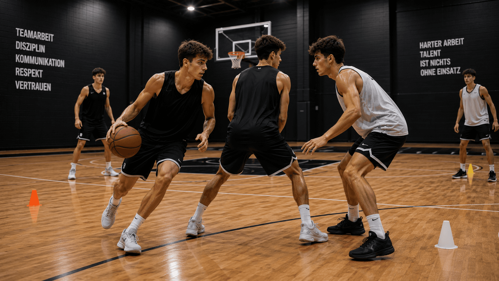 Ein Pick and Roll im Training: der Ballführer zieht am gestellten Block vorbei, während sein Verteidiger versucht, darüber zu gehen.